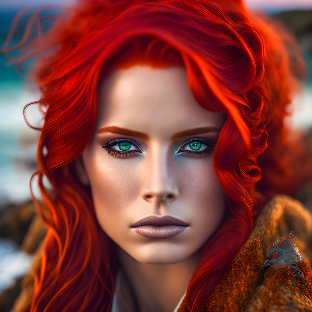 Digital portrait of woman with red hair and green eyes, bird on shoulder, seaside backdrop