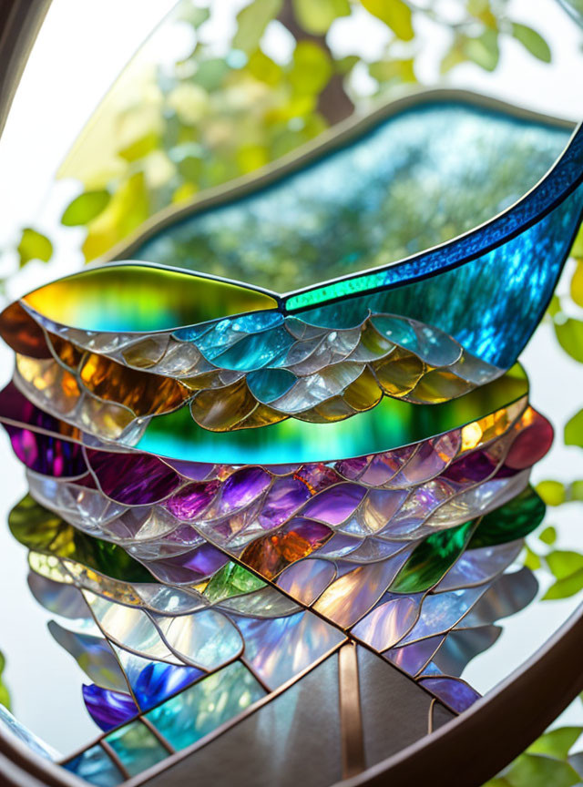 Layered Leaf-Shaped Stained Glass Sculpture in Blue, Green, Purple, and Brown