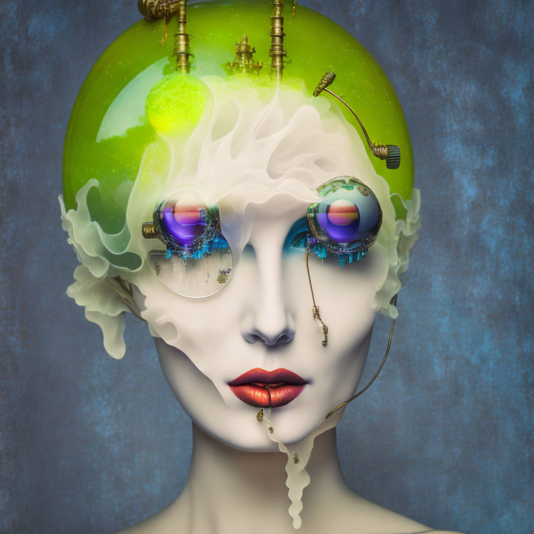 Surrealistic humanoid figure with globe head and colorful eyes.