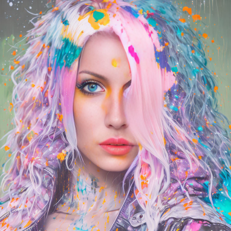 Multicolored Hair Woman with Paint Splashes Gazing at Camera