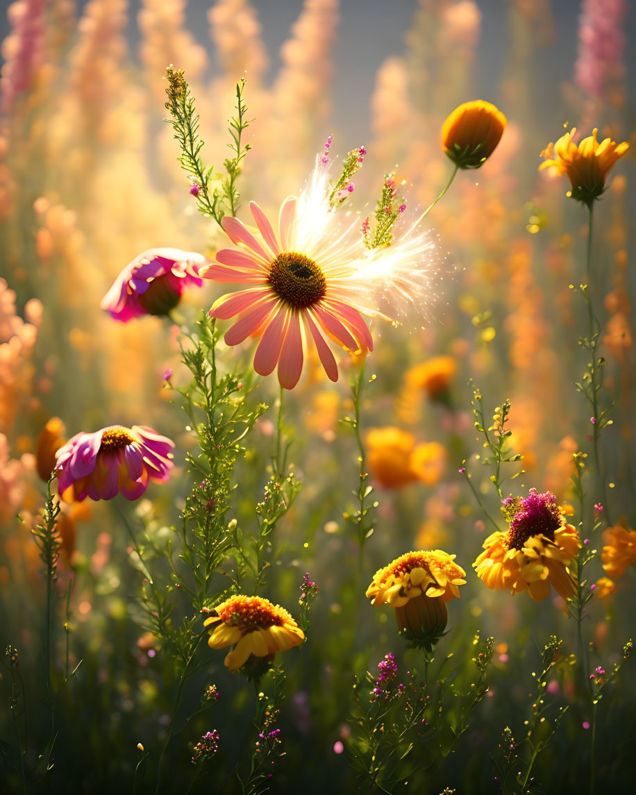 Colorful Flower Garden with Pink Daisy-Like Bloom