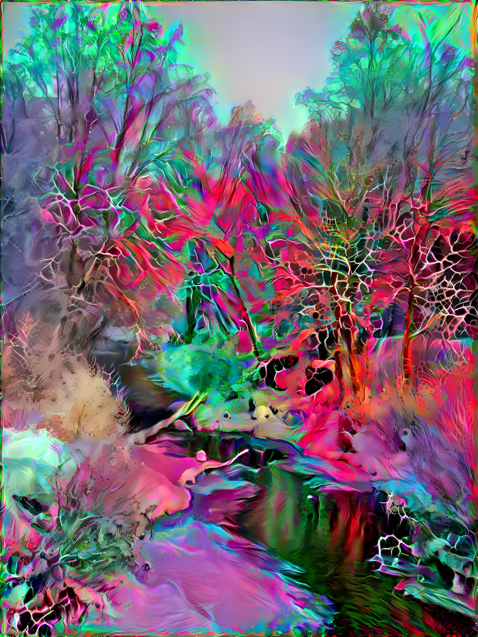 trees along snowy stream, organic, aqua, pink, 2