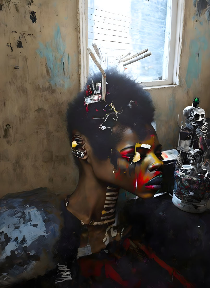 Digital artwork: Person with afro hairstyle & paint splashes by window