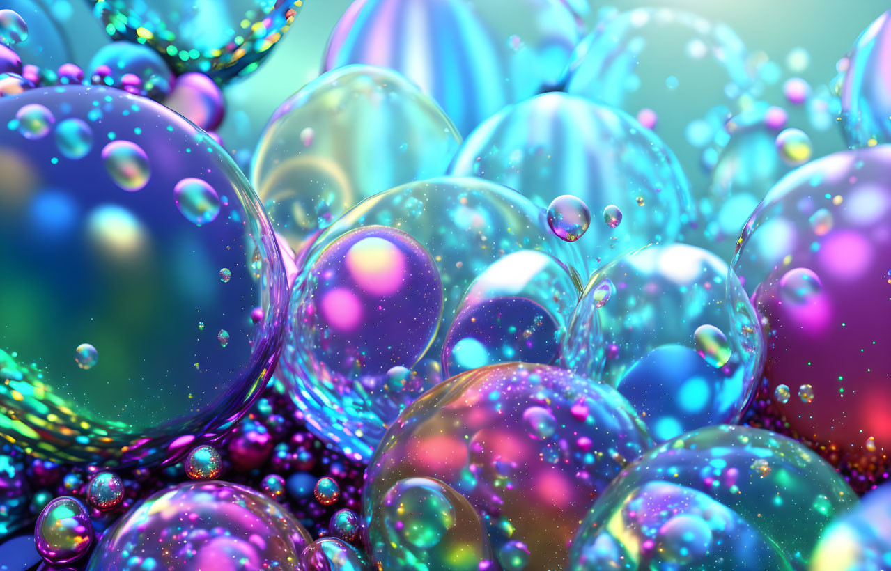 Vibrant Translucent Bubbles with Reflections on Soft Backdrop