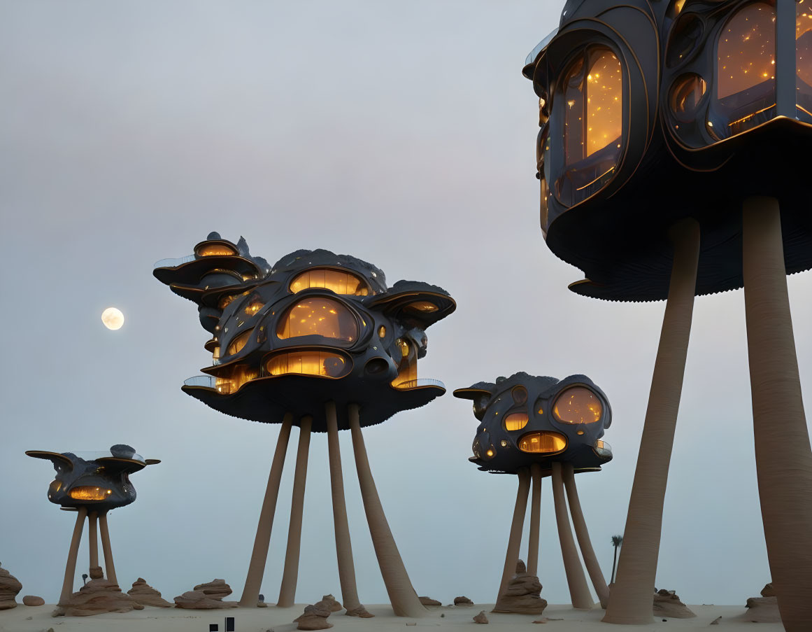 Sahara full moon, futuristic houses on stilts