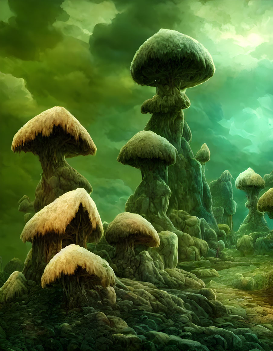 Fantastical landscape with towering mushroom-shaped structures in green cloud backdrop