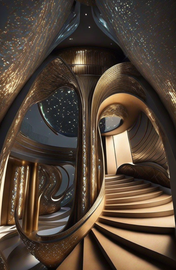 Abstract Futuristic Interior with Dark and Golden Tones