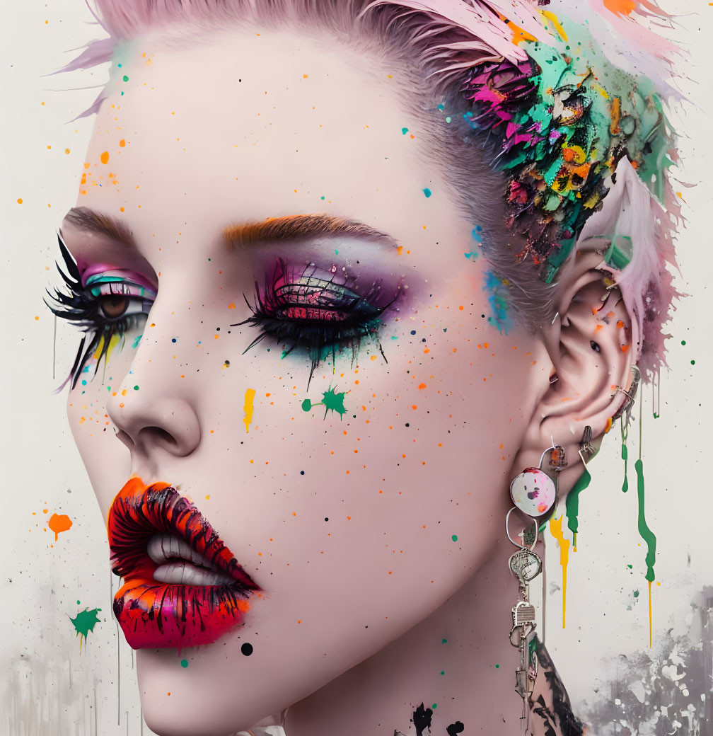 Colorful digital portrait of a woman with mohawk and unique makeup