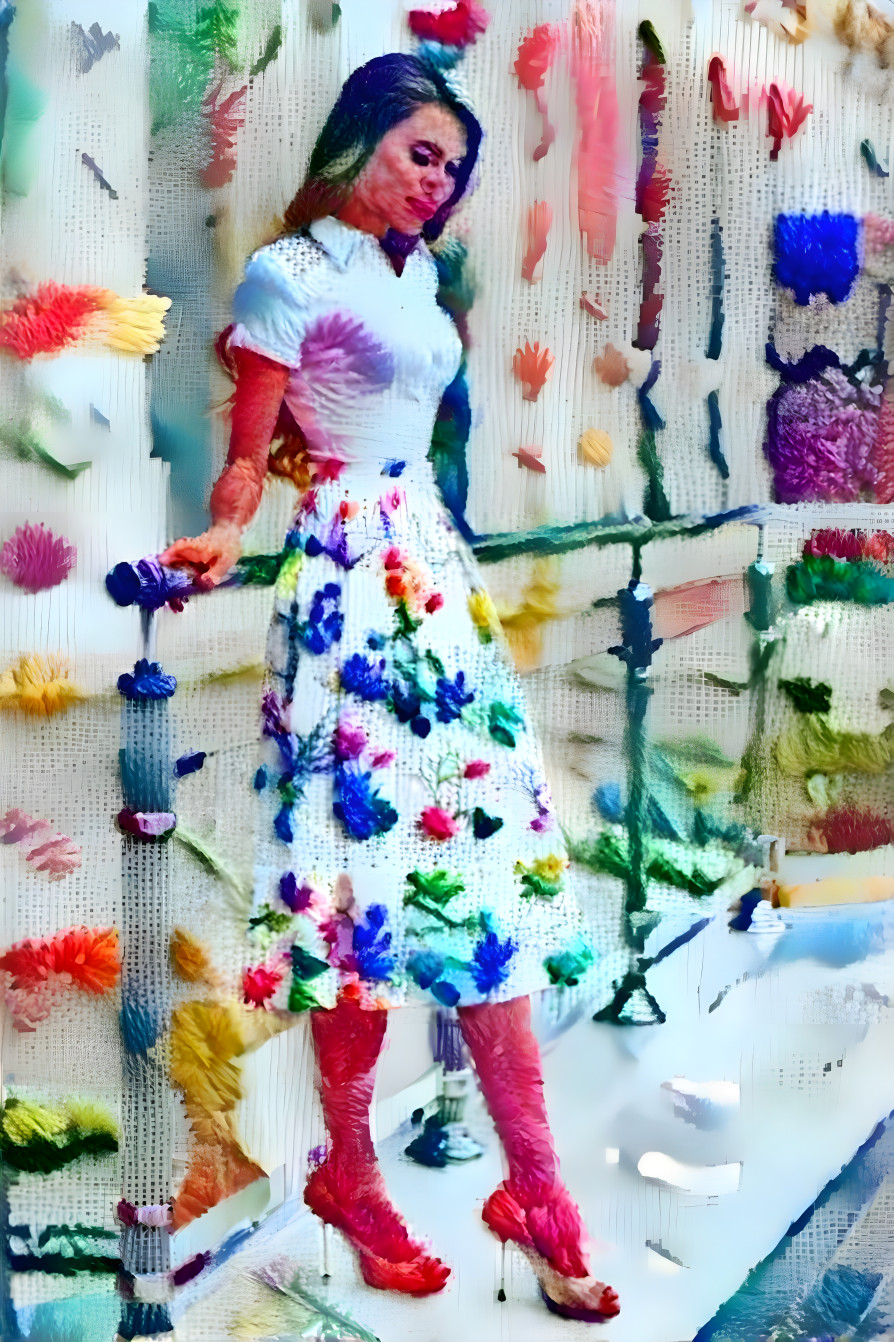 model in dress leaning against railing, embroidery