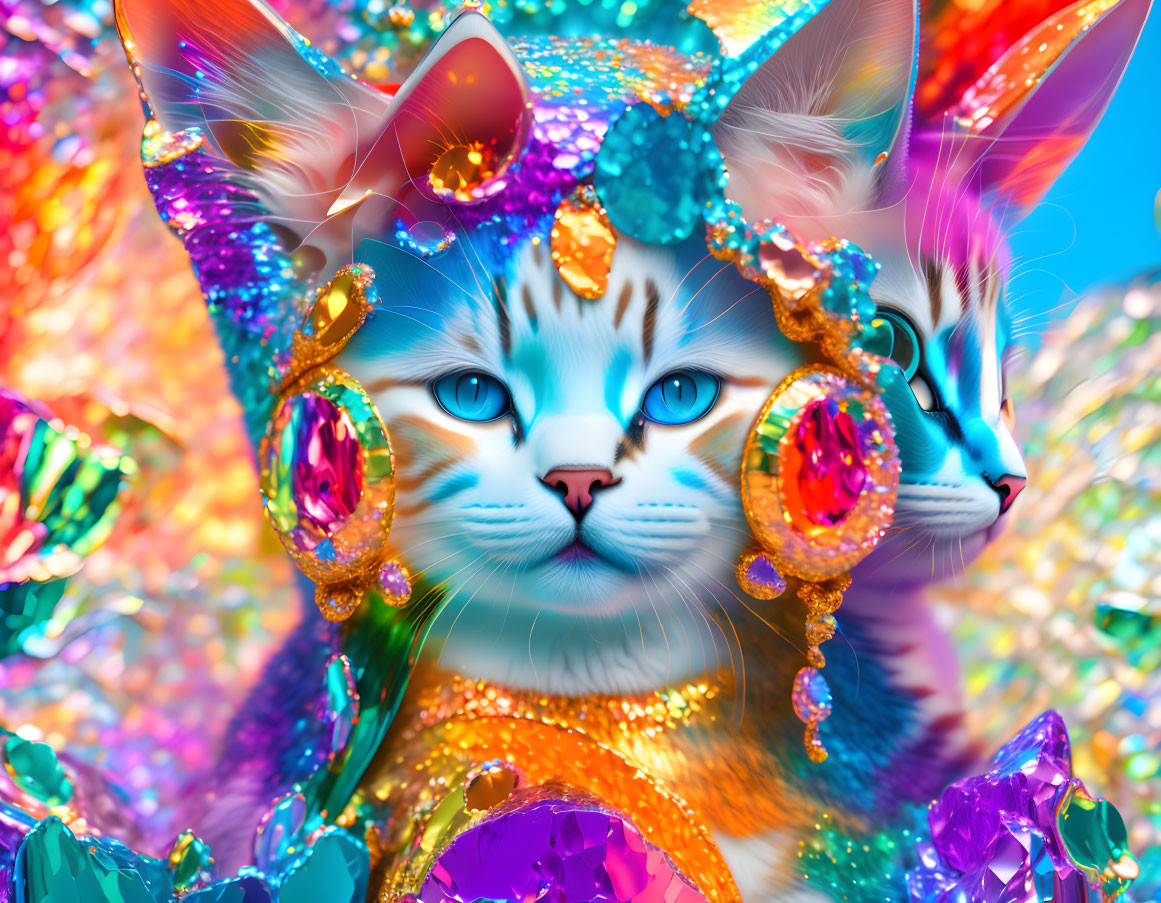 Colorful Gemstone-Adorned Two-Faced Cat Artwork