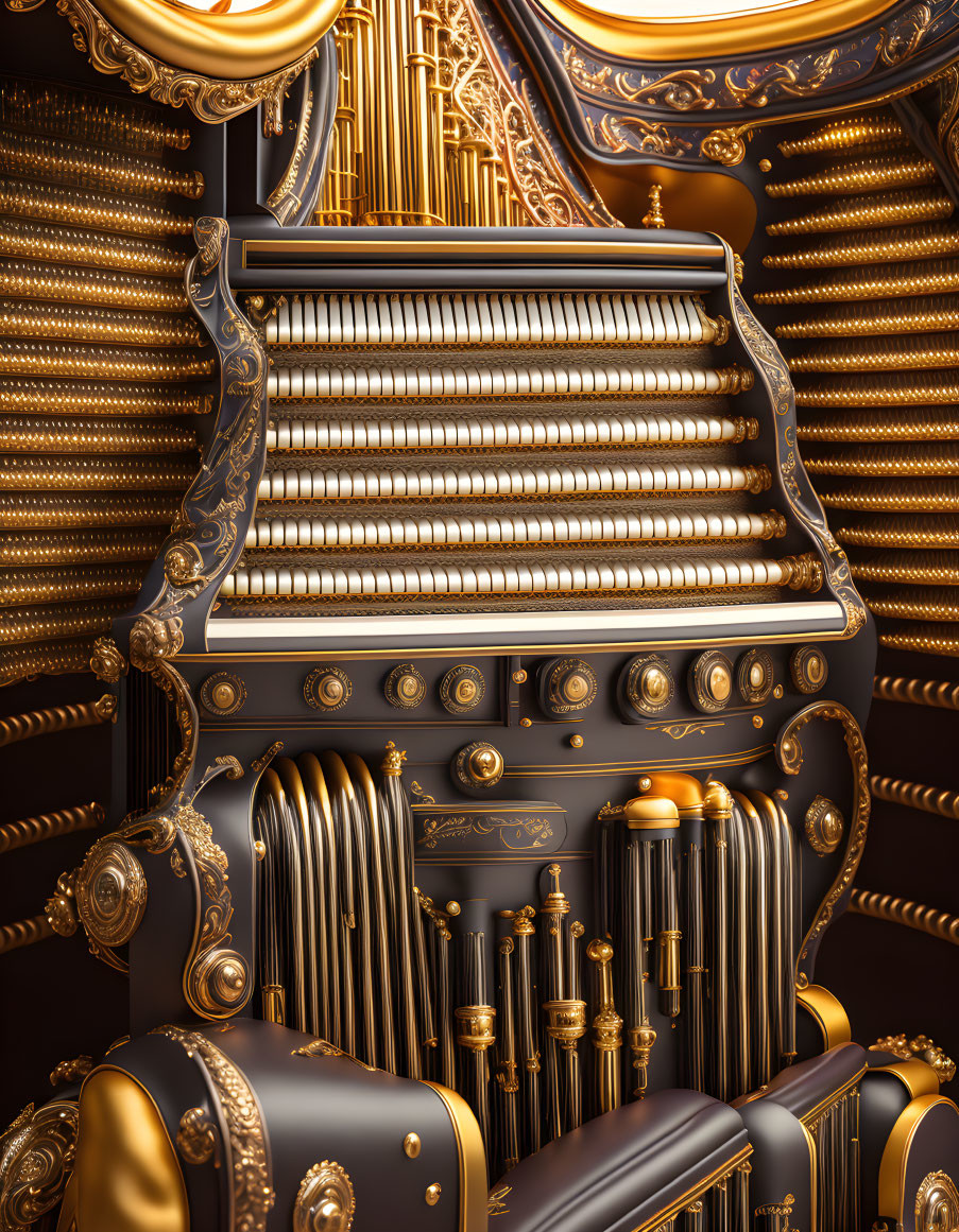 Detailed Golden Steampunk Machine with Pipes and Dials