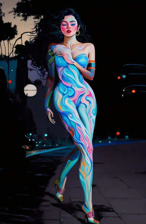 Colorful digital artwork: Woman with flowing hair and body paint poses on city street at night