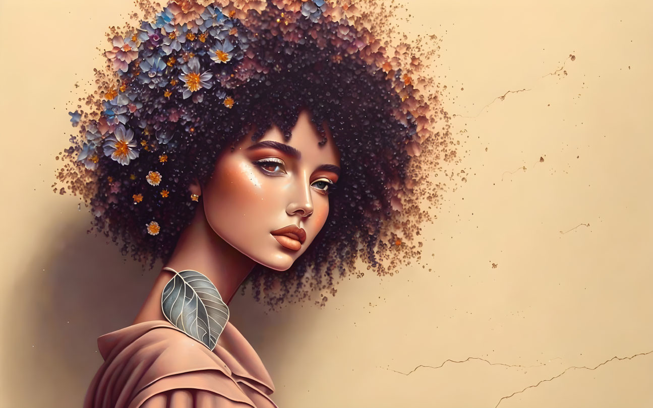 Woman with Vibrant Flower-filled Afro on Warm Background