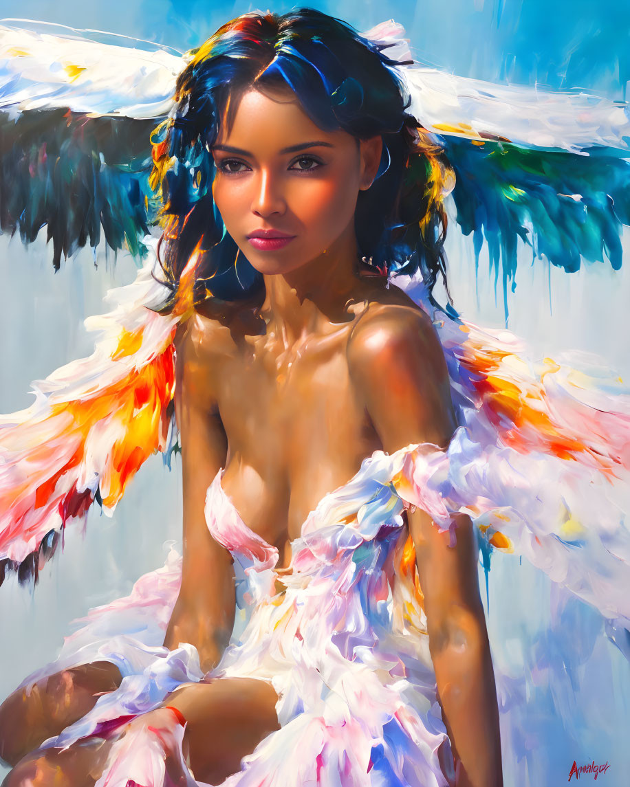 Colorful Wings and Feathered Dress: Vibrant Painting of Woman with Intense Gaze