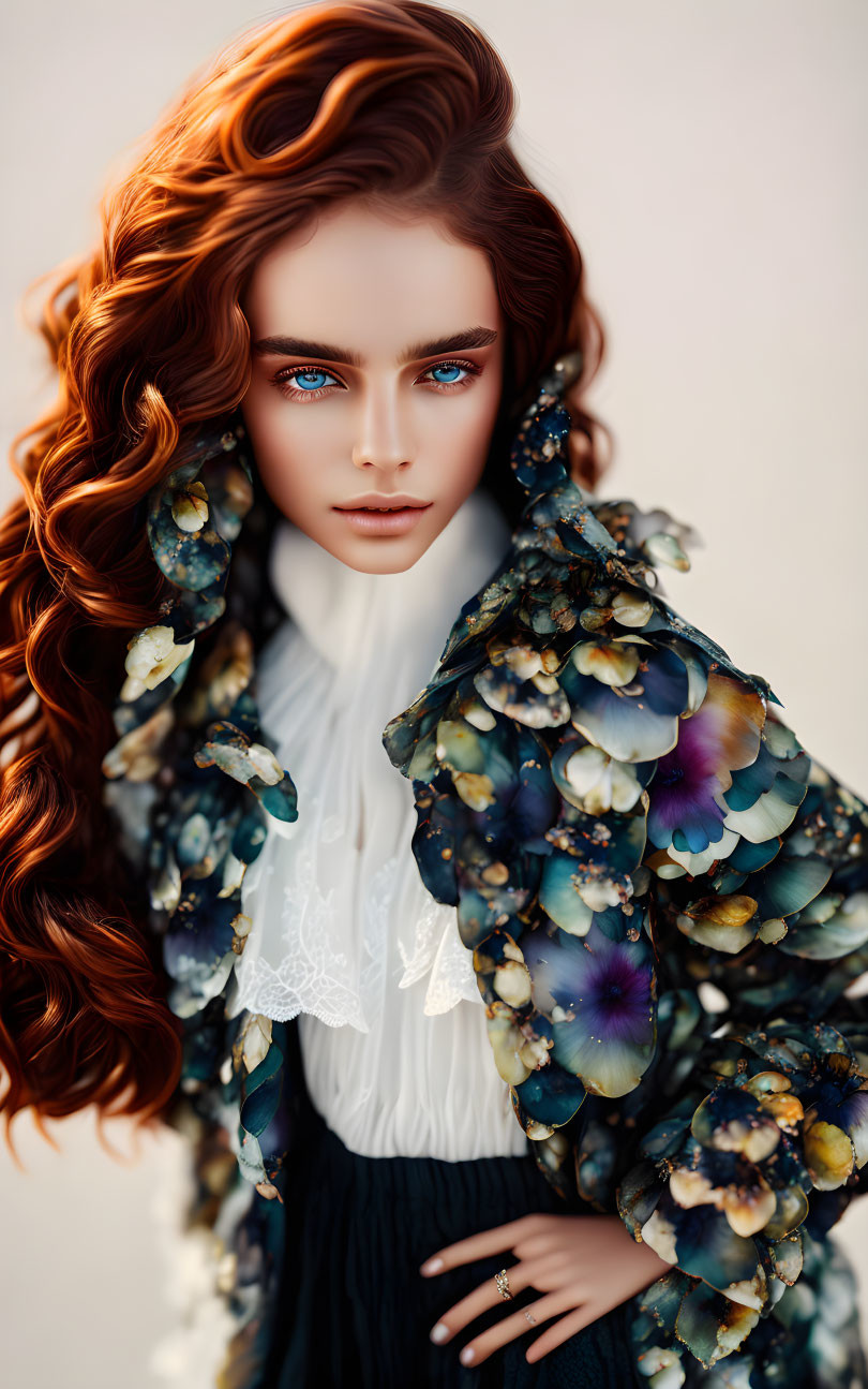 Woman with blue eyes and red curly hair in floral jacket and lace blouse