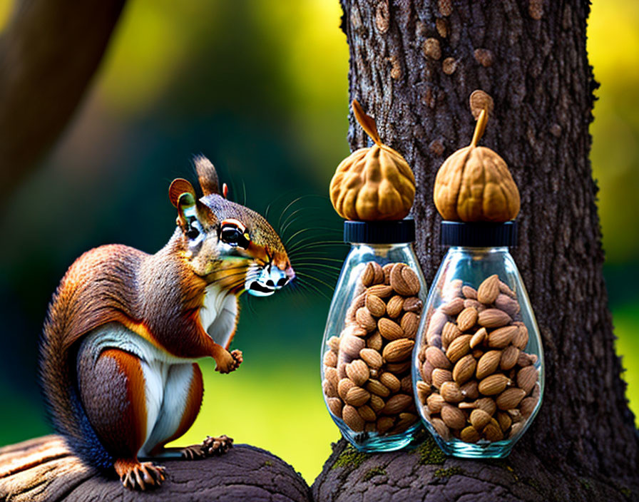 Chipmunk on Tree Trunk with Glass Jars and Almonds