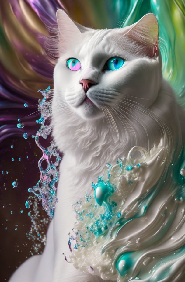 White Cat with Blue Eyes and Crystal Embellishments on Colorful Swirled Background