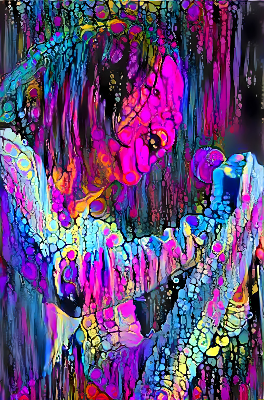 bjork on microphone, purple, pink, aqua, organic