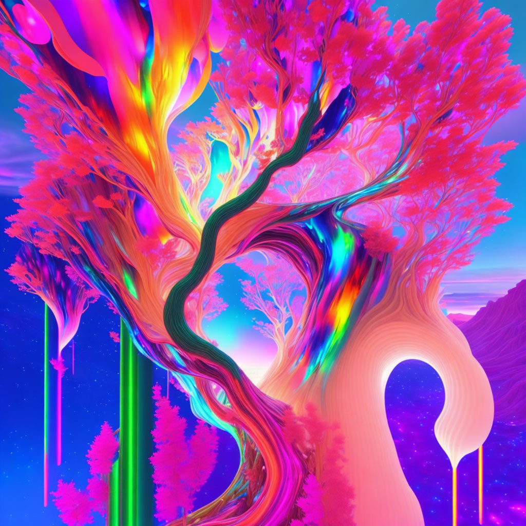 Vibrant Psychedelic Landscape with Neon Trees and Colorful Sky