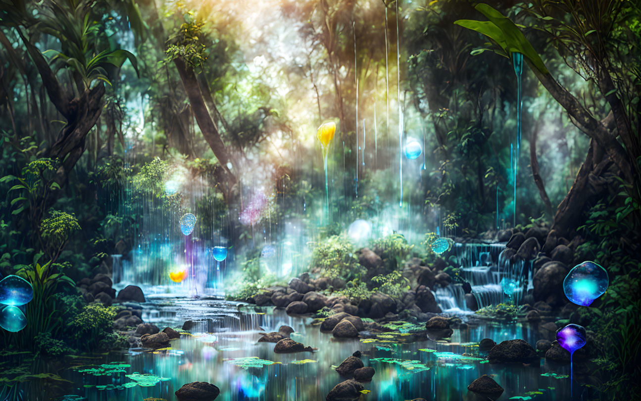 Enchanting forest with glowing mushrooms, waterfall, and sunbeams