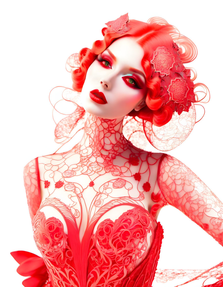 Vibrant red hair and intricate lace patterns on a woman in 3D illustration