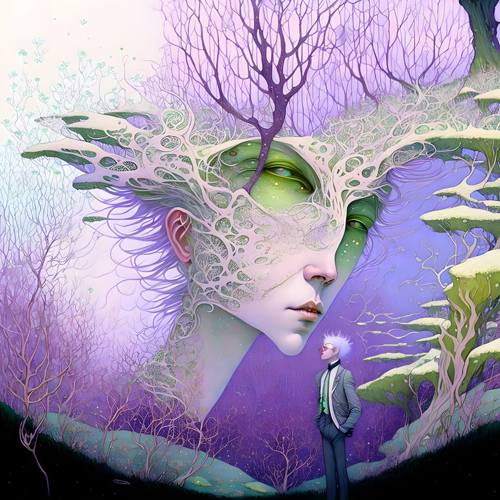 Surreal artwork: Giant female face with tree hair in purple forest landscape