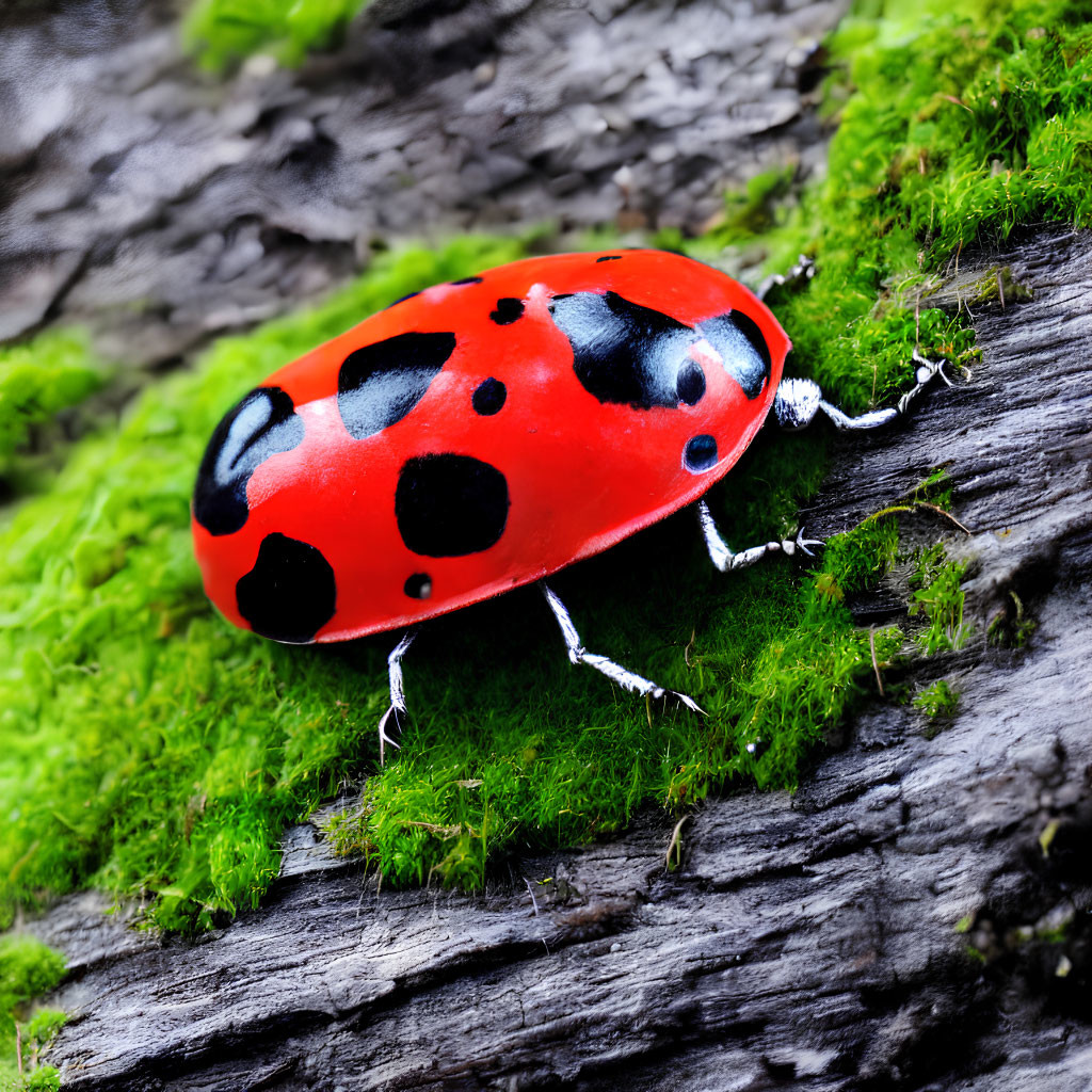 Red ladybug with black spots on green moss-covered bark