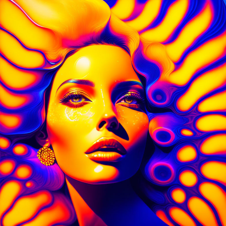 Colorful digital artwork of a woman with yellow and red hues and psychedelic patterns.