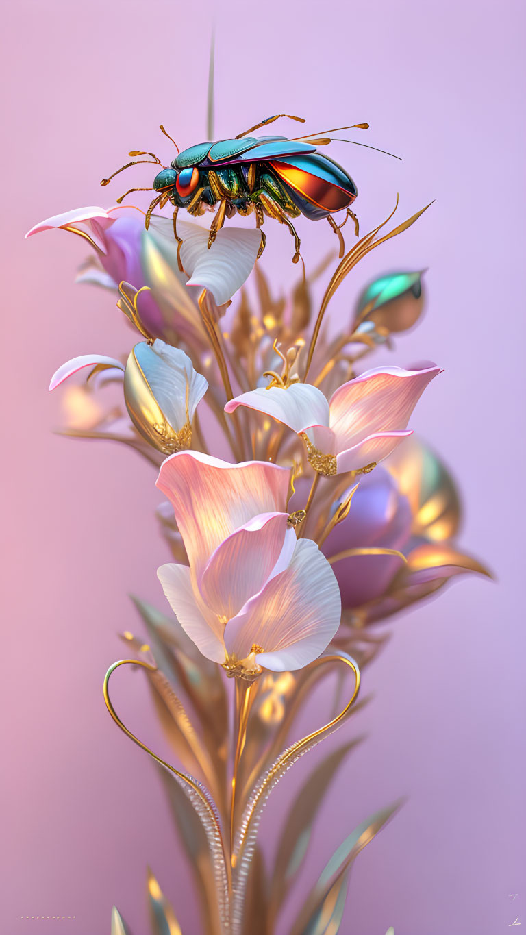 Vibrant metallic beetle on pastel flowers with soft-focus backdrop