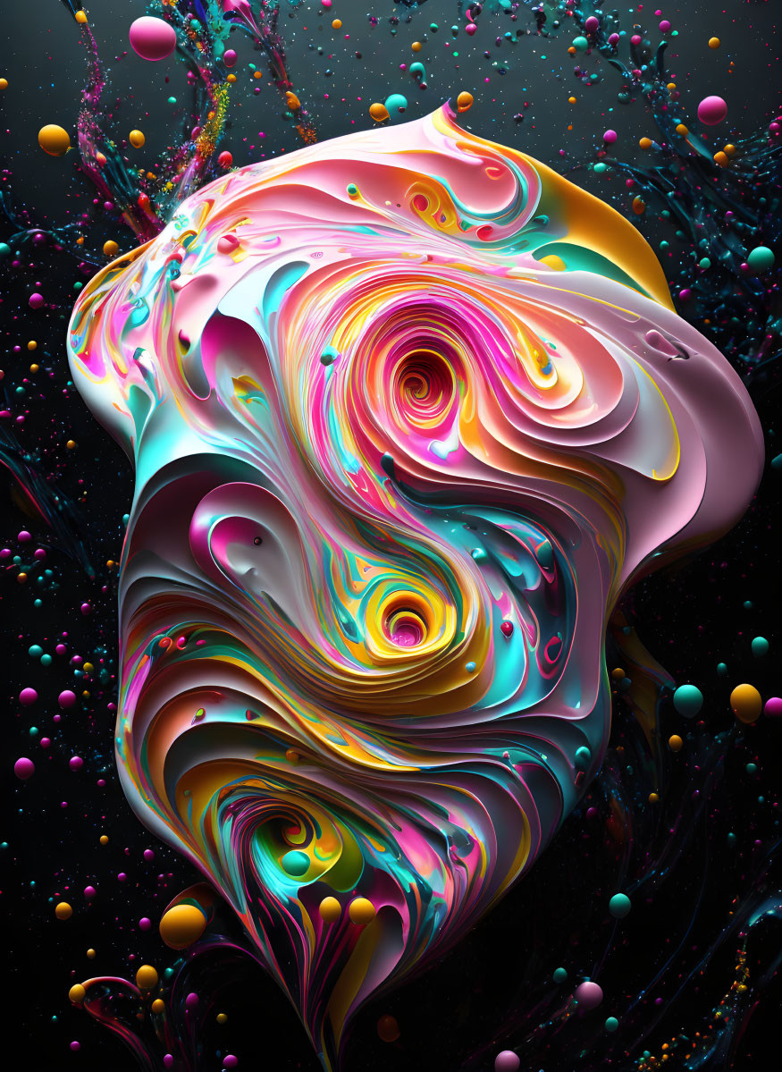 Colorful Swirling Patterns on Dark Background: Pink, Yellow, Blue Hues