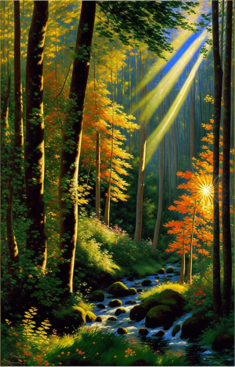 Tranquil forest scene with sunbeams, babbling brook, green shrubs, and