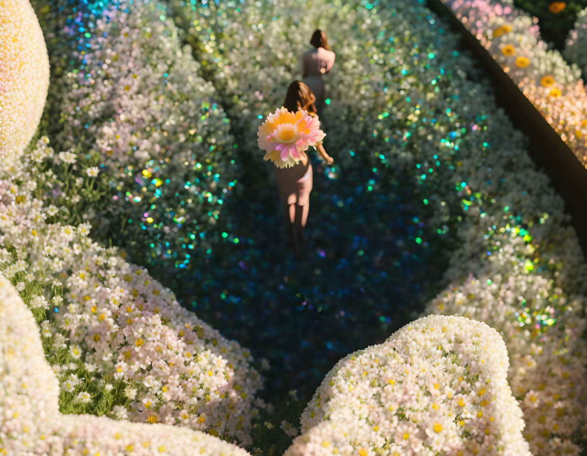 Person walking amidst vibrant floral display with large flower structures and colorful blossoms under bright lighting.