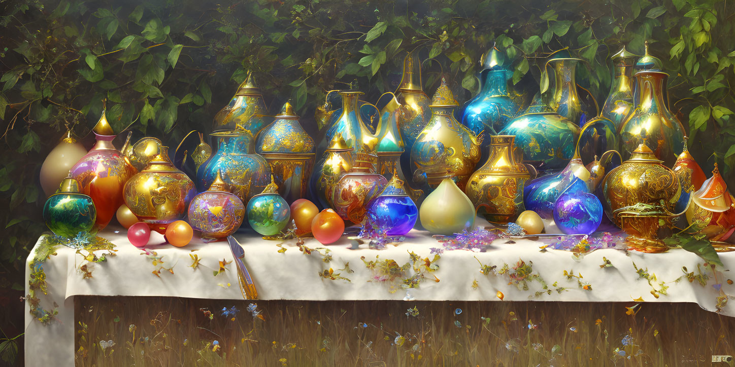 Colorful vases and baubles on tablecloth in lush setting