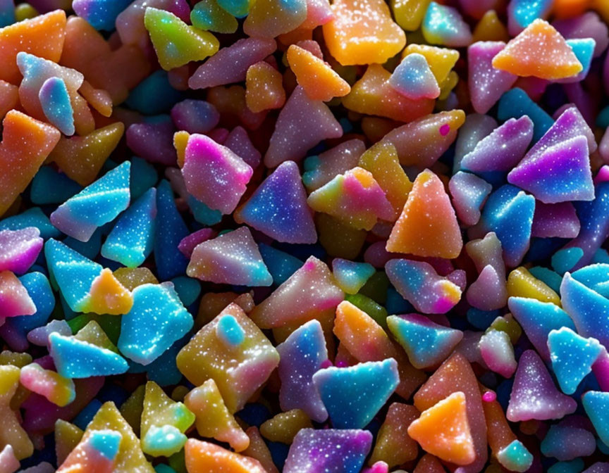 Vibrant triangle-shaped sugar-coated candy close-up.