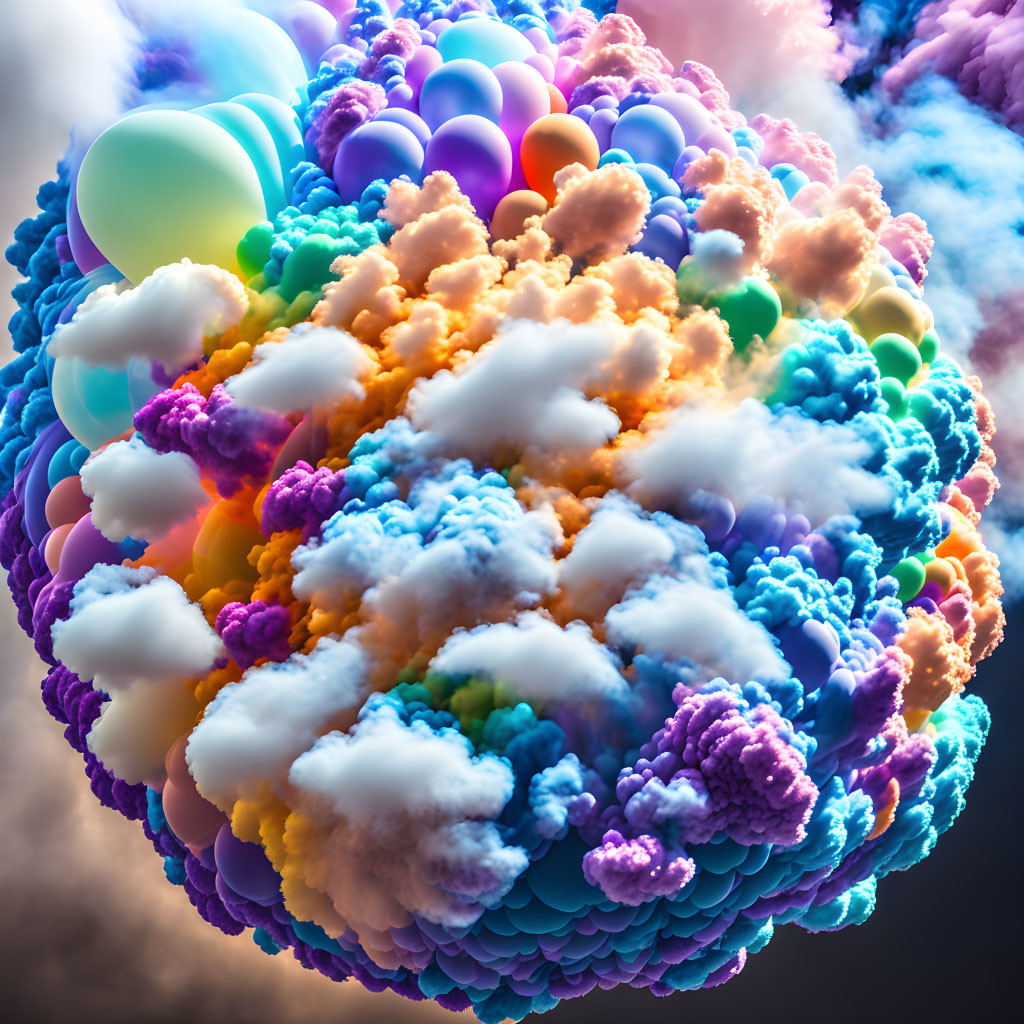 Colorful 3D-rendered explosion of spheres and clouds on dark background