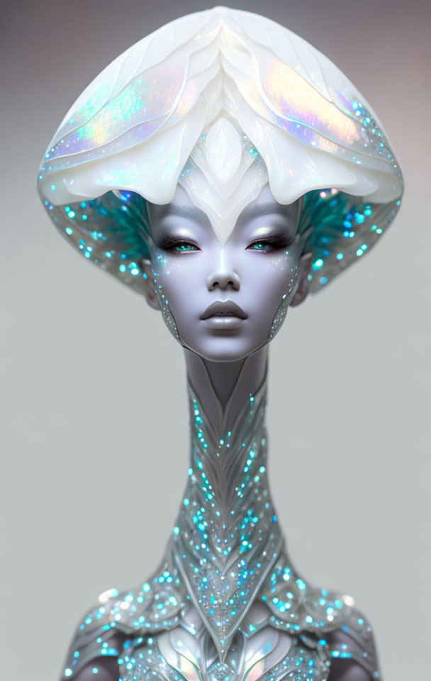 Futuristic figure with pearlescent headpiece and jewel-encrusted skin