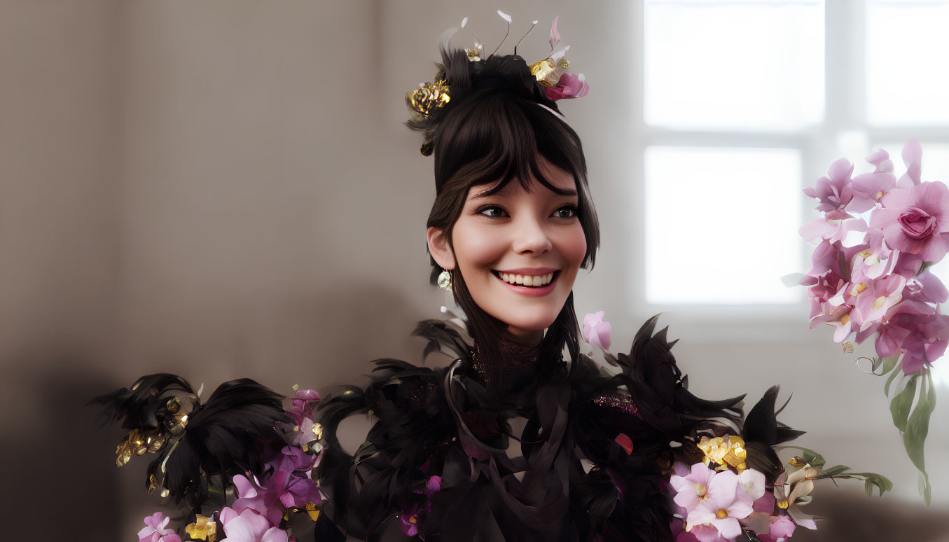 Smiling woman in black feathered outfit with floral accessories in a sunlit room