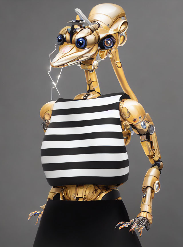 Whimsical robotic mouse figure in gold and silver on striped shirt and grey background