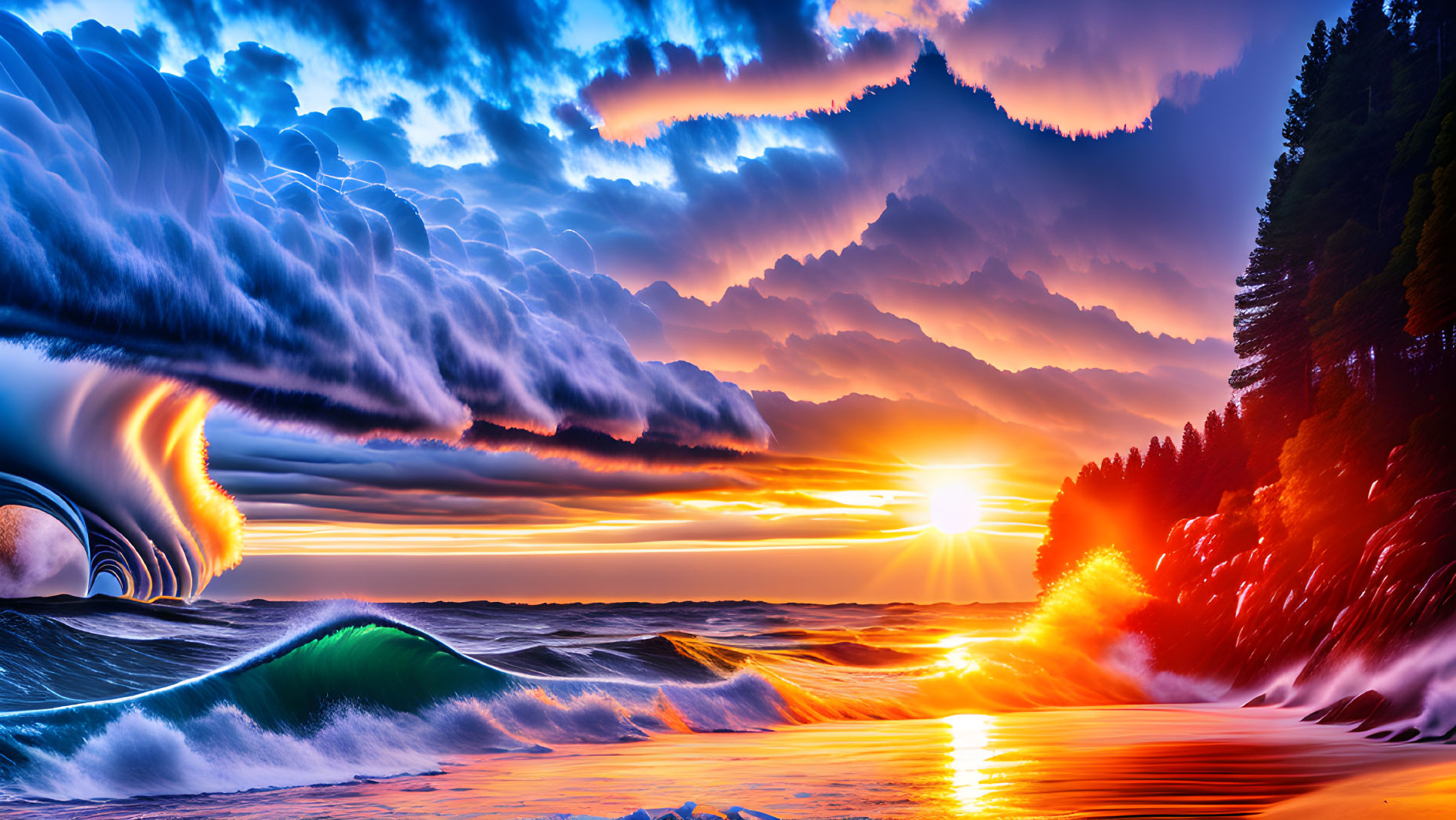 Surrealist seascape with swirling waves, sunset, and lightning