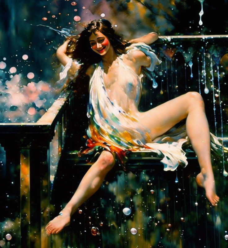 Joyful person with long hair in multicolored outfit surrounded by water droplets and vibrant background