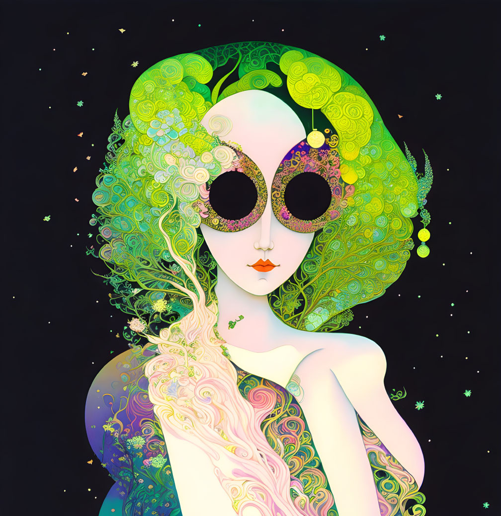 Ornate hair woman in cosmic background with colorful glasses