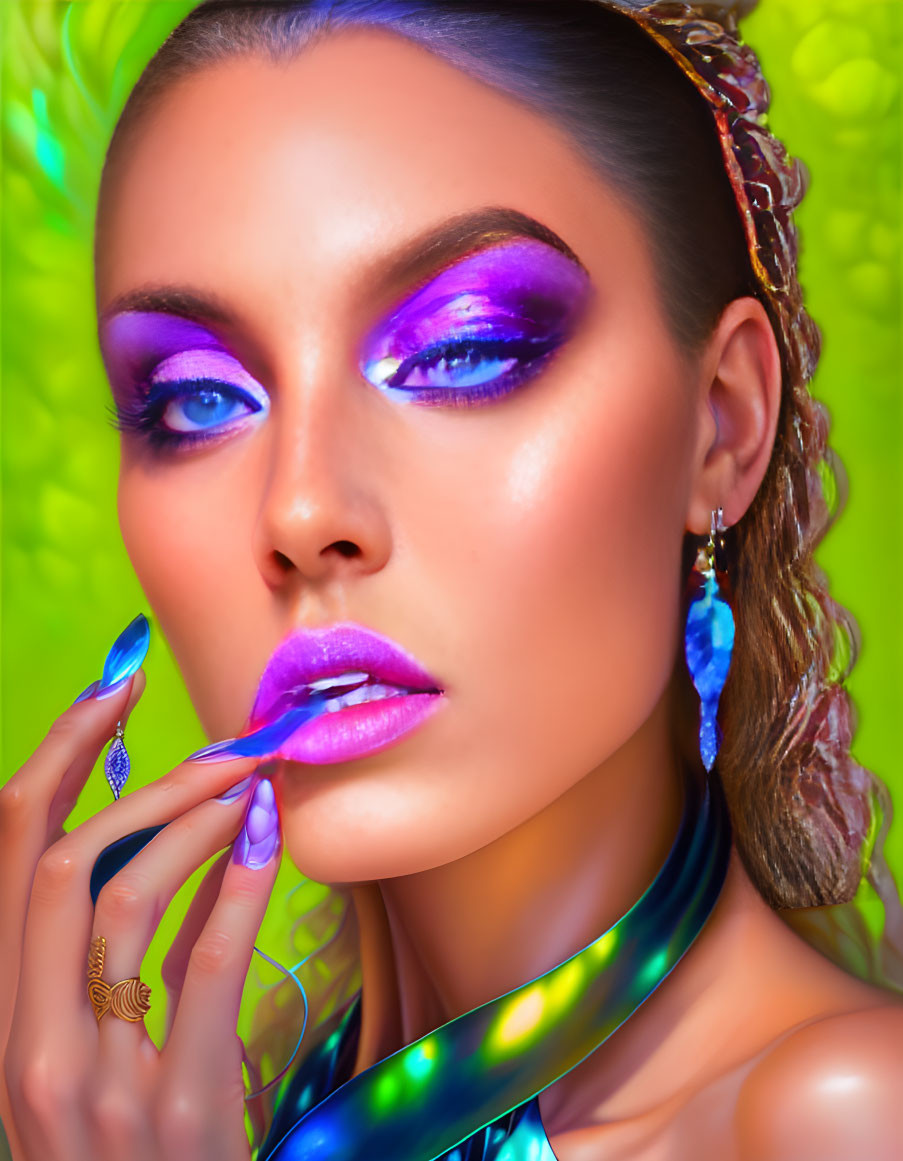 Vibrant purple eye makeup and glossy lips on a woman with blue jewelry against a green backdrop