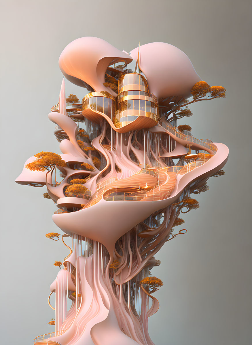 Surreal 3D artwork: Pink structures with golden accents intertwined with trees