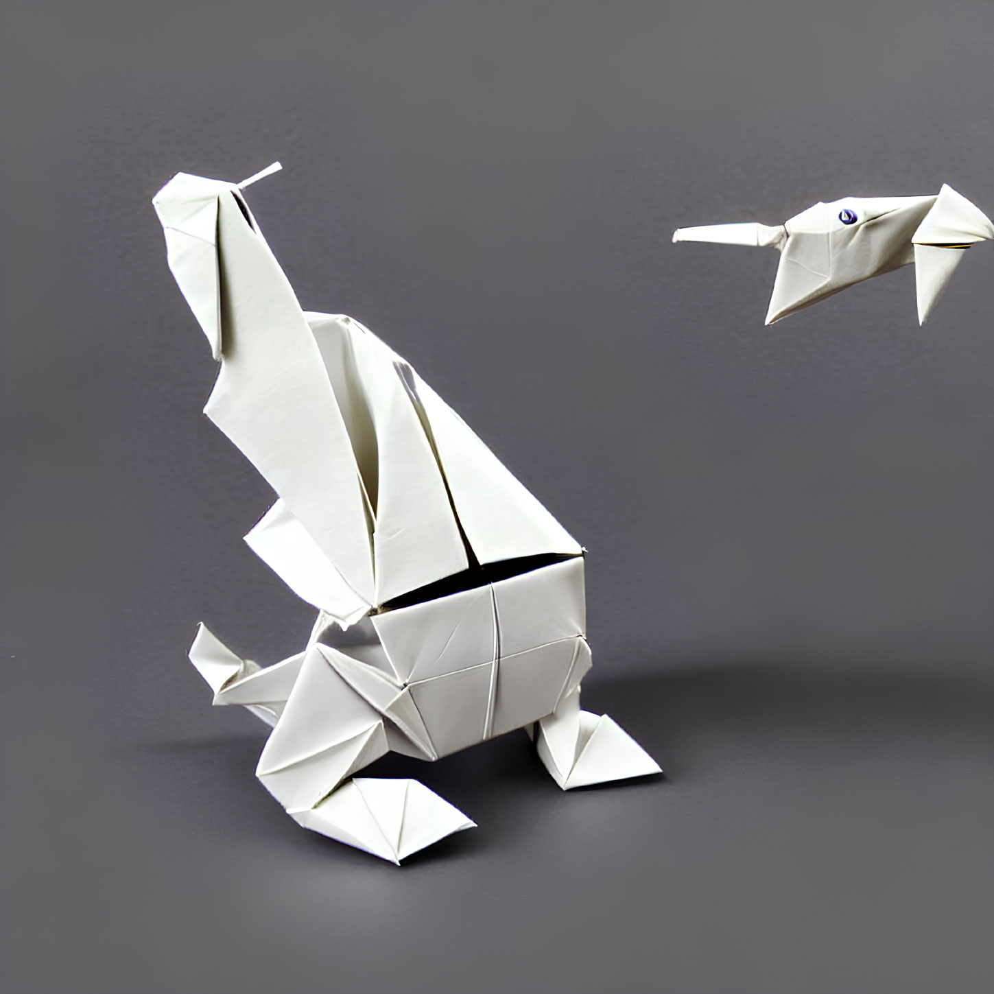 White Origami Dinosaur with Small Bird on Gray Background