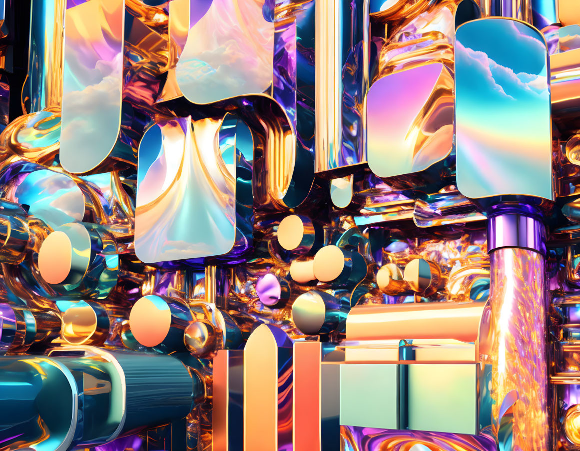 Colorful 3D artwork with reflective shapes and cloudy sky textures