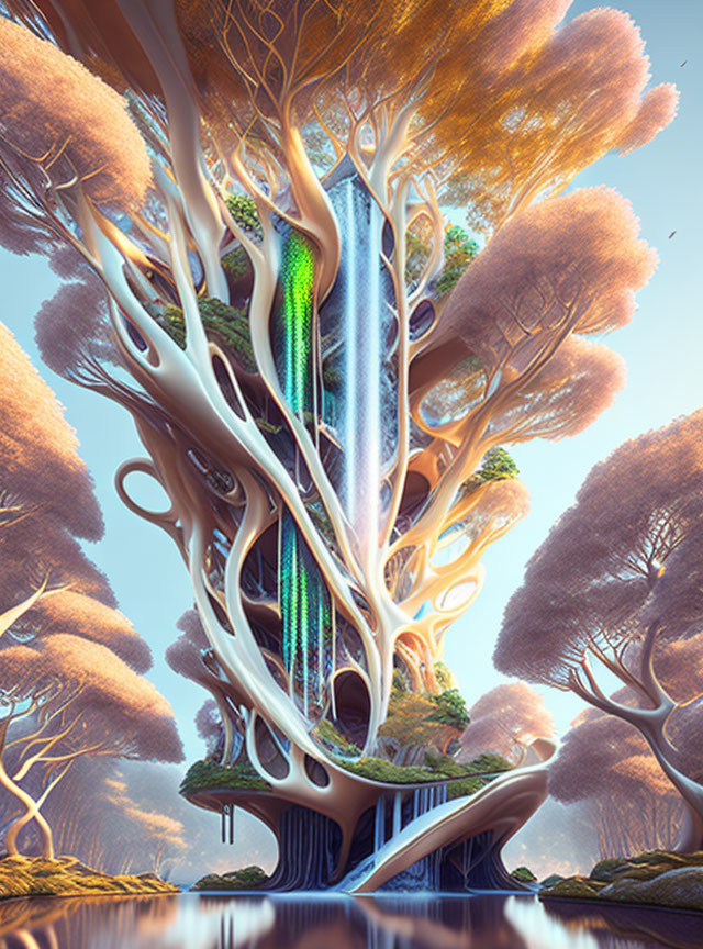 Fantastical tree with white branches and futuristic structure in serene landscape