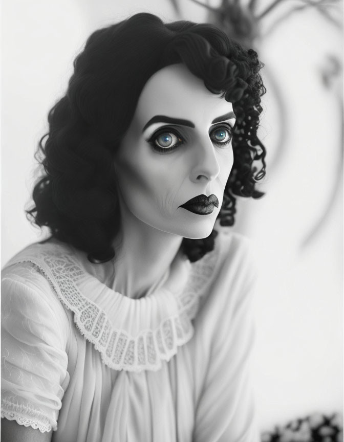 Monochrome image of woman with striking makeup, large eyes, curly hair, and vintage attire.