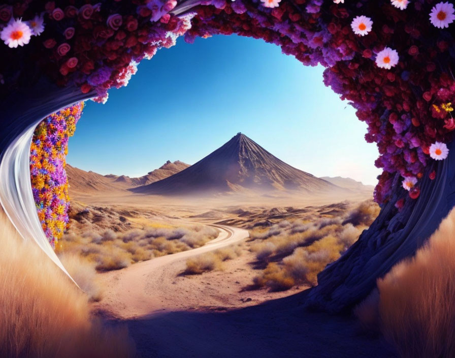 Desert road winding towards distant mountain and colorful flower arch