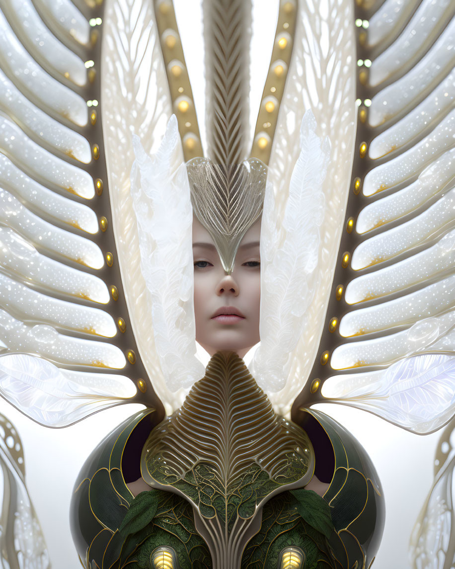 Intricate symmetrical design with serene face and feather-like patterns