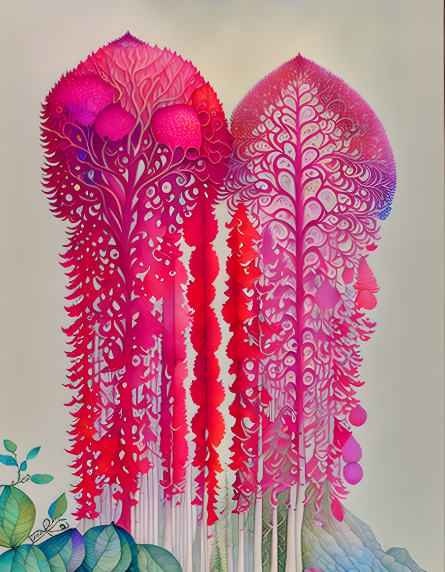 Vibrant artwork featuring intricate tree-like forms with pink and red lace patterns